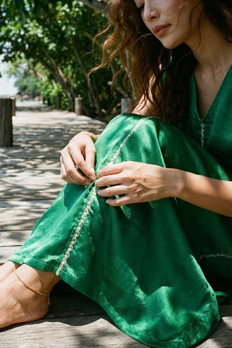 Đầm Maxi Lụa Tơ Tằm Thêu Tay Xanh Ngọc Phỉ Thuý DRE202 thời trang thiết kế Hity