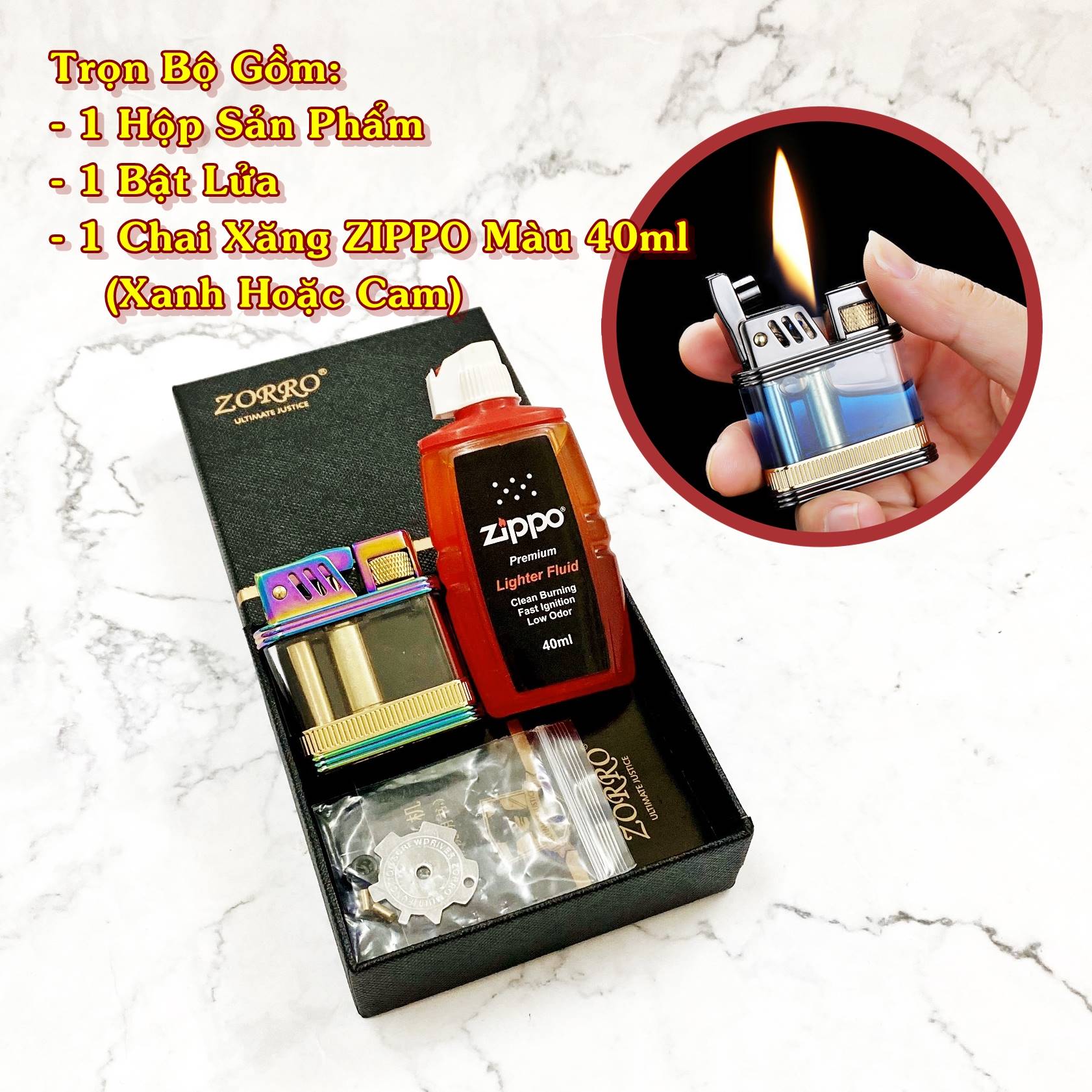 SET Bật lửa hột quẹt xăng lộ thiên Z716 tặng kèm chai xăng - xài xăng