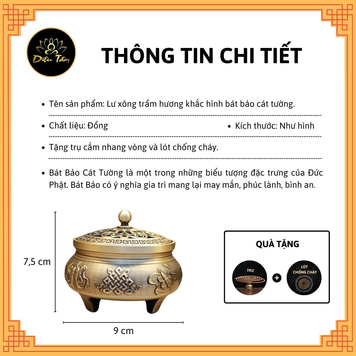 Lư xông trầm hương Lư đồng khắc hình bát bảo cát tường lư đốt trầm tặng trụ và lót chống cháy đồ thờ cúng phong thủy Diệu Tâm