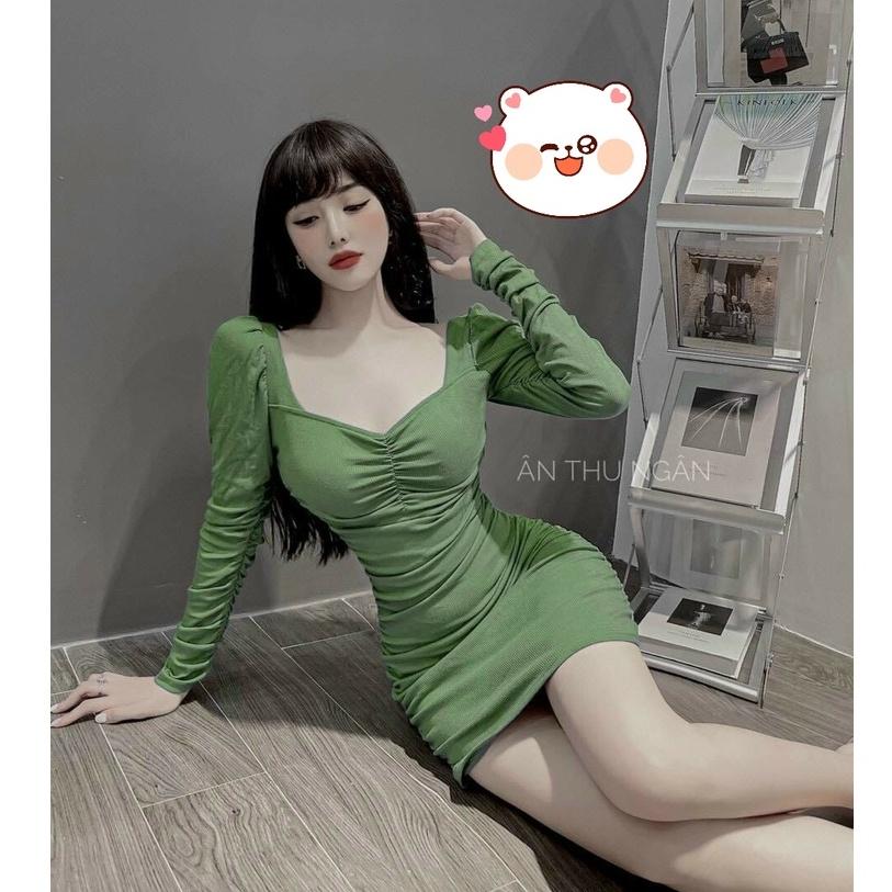 Đầm hotgirl body thun cổ vuông nhún ngực sang chảnh