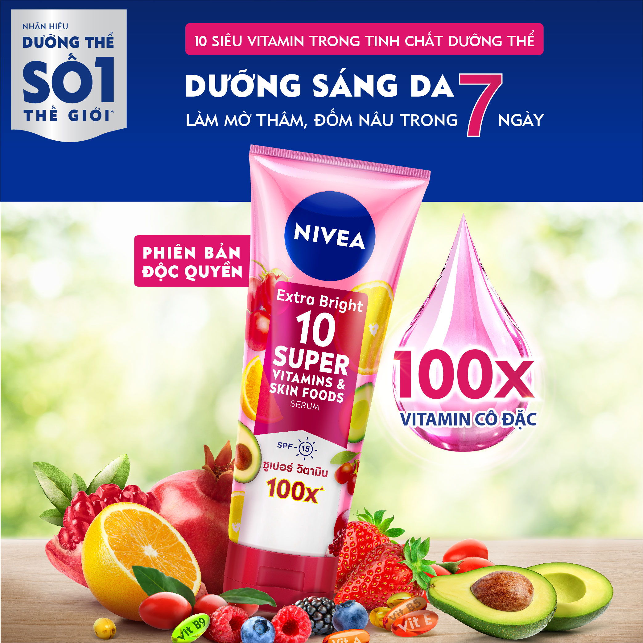 Tinh Chất Dưỡng Thể Nivea Sáng Da Extra Bright 10 Super Vitamin &amp; Skin Foods Serum SPF15 180ml
