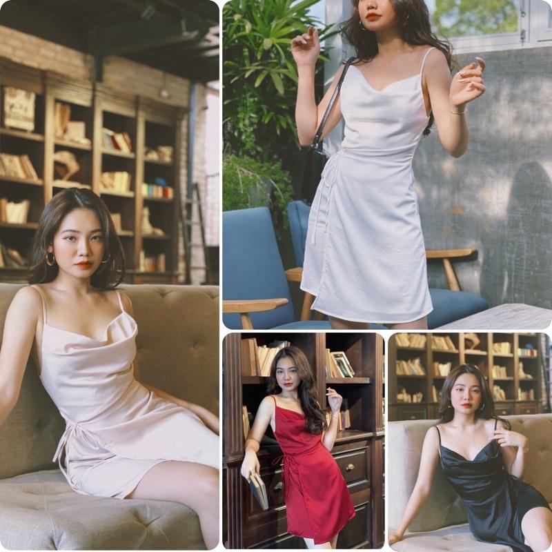 Đầm lụa hai dây cổ đổ sexy