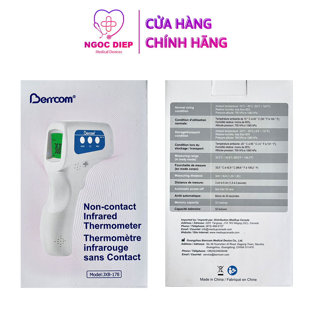 Nhiệt kế điện tử hồng ngoại BERRCOM JXB-178 - Máy đo thân nhiệt - Hàng chính hãng