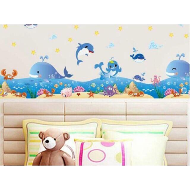 Decal dán tường chân tường cá heo xanh dài 1m3