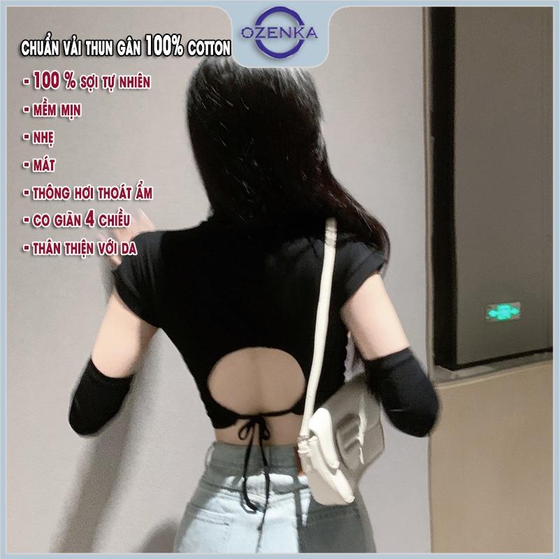 Áo croptop hở lưng cộc tay cổ lọ nữ ozenka , áo crt ôm body thun cotton màu đen trắng dưới 55 cân