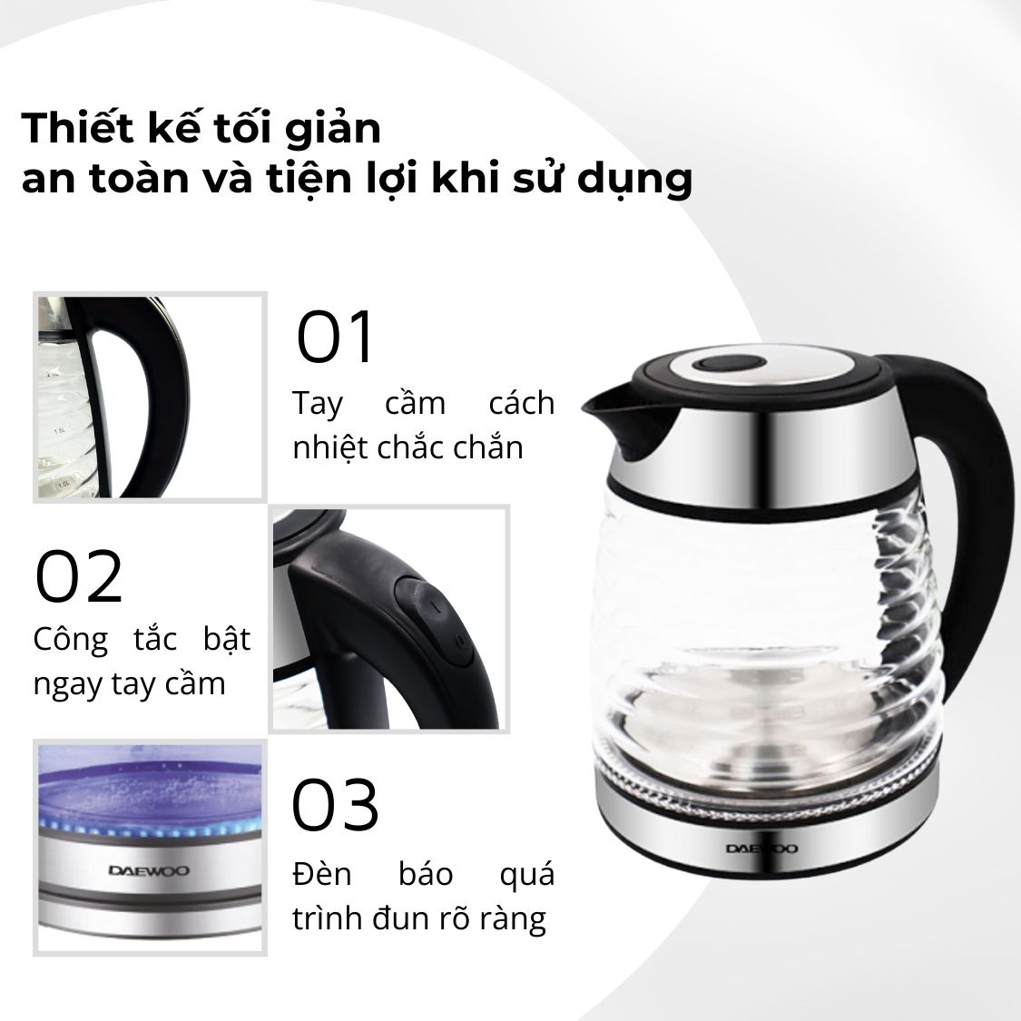 Ấm siêu tốc thủy tinh 1.7L Daewoo DWK-GL1803 thiết kế vỏ sò đèn LED độc đáo - Hàng chính hãng