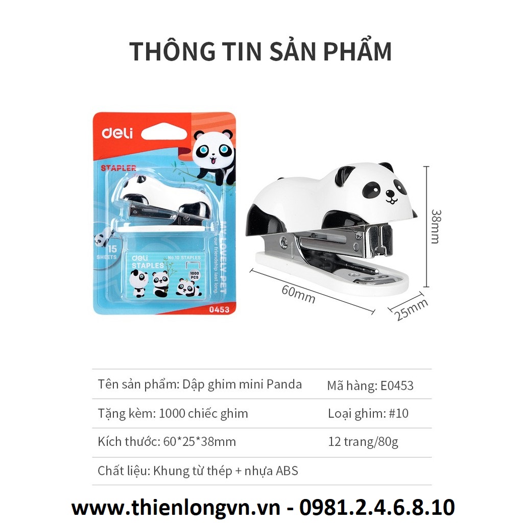 Dập Ghim Mini Hình Panda Deli, 12 Trang Kèm 1000 Chiếc Ghim - 1 Cái E0453