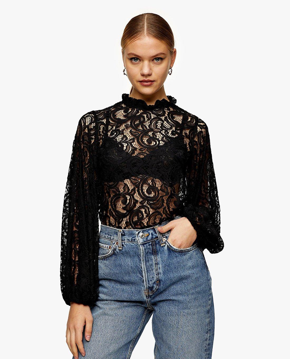 TOPSHOP - Áo kiểu nữ cổ tròn tay dài phối lưới Black Volume 13D24TBLK