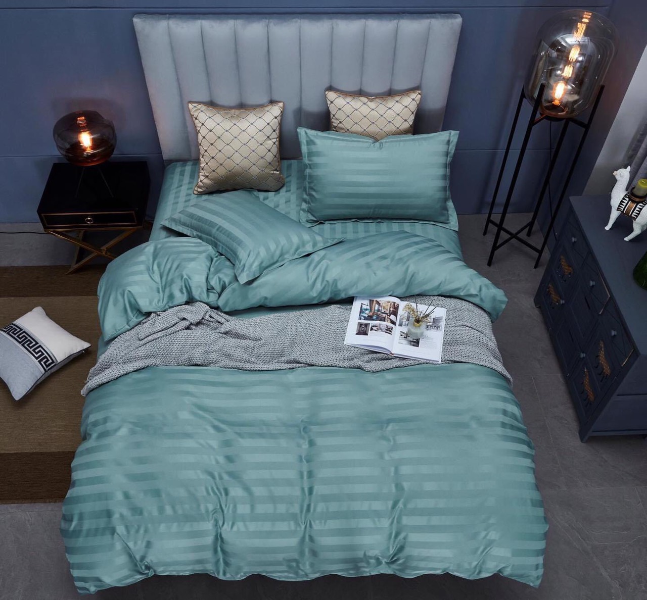 Bộ 5 món vỏ chăn drap gối cotton lụa 3F sọc 3 phân cao cấp A - dành cho khách sạn, homestay, nhà nghỉ + tặng kèm 1 túi thơm thảo dược