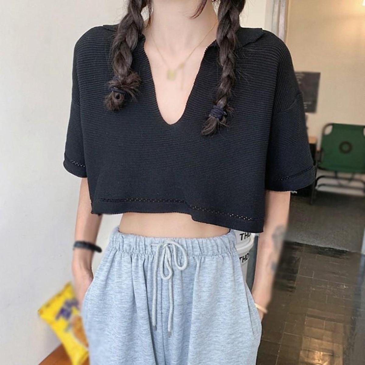 Áo Croptop Dệt Kim Tay Ngắn Thiết Kế Cổ Chữ V Quyến Rũ Xinh Xắn Cho Nữ - Hồng