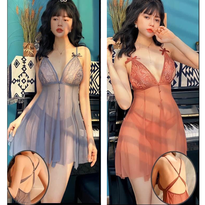 P24 Váy ngủ hai dây xuyên thấu chéo lưng sexy  - Đầm ngủ chéo lưng gợi cảm - Đồ ngủ sexy quyến rũ