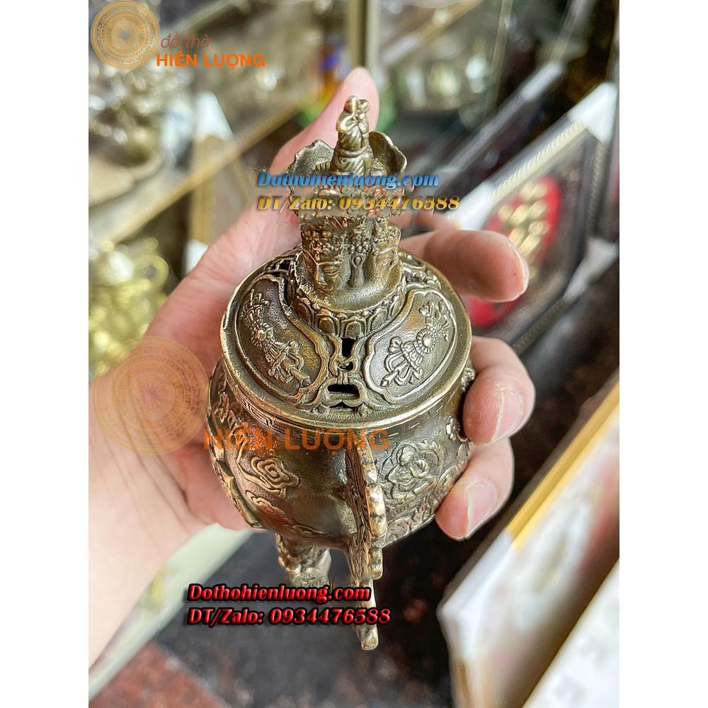 Lư Xông Trầm Màu Nâu Nắp Phật Tứ Diện Cao 15cm Bằng Đồng Hun nguyên Chất