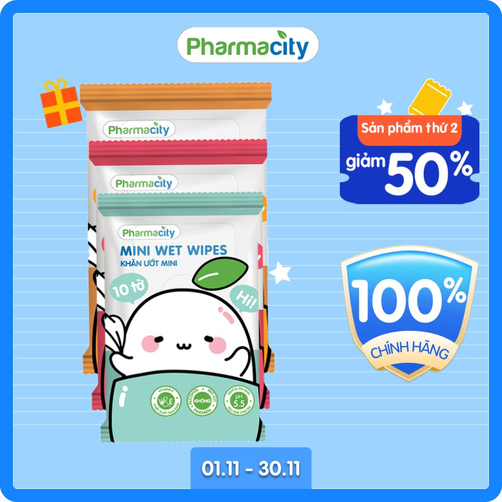 Khăn ướt mini Pharmacity Mini Wipes (Lốc 3 gói x 10 tờ)