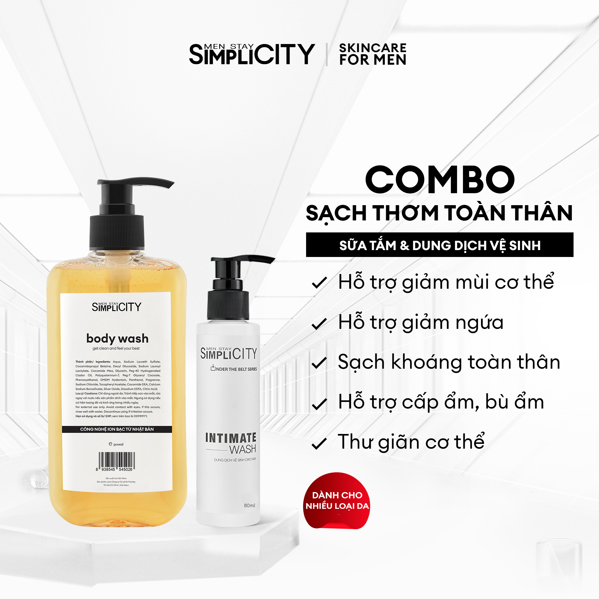 Bộ đôi tắm sạch toàn thân Men Stay Simplicity: Sữa tắm tinh dầu cao cấp 500ml và Dung dịch vệ sinh nam làm sạch &amp; ngăn mùi 80ml