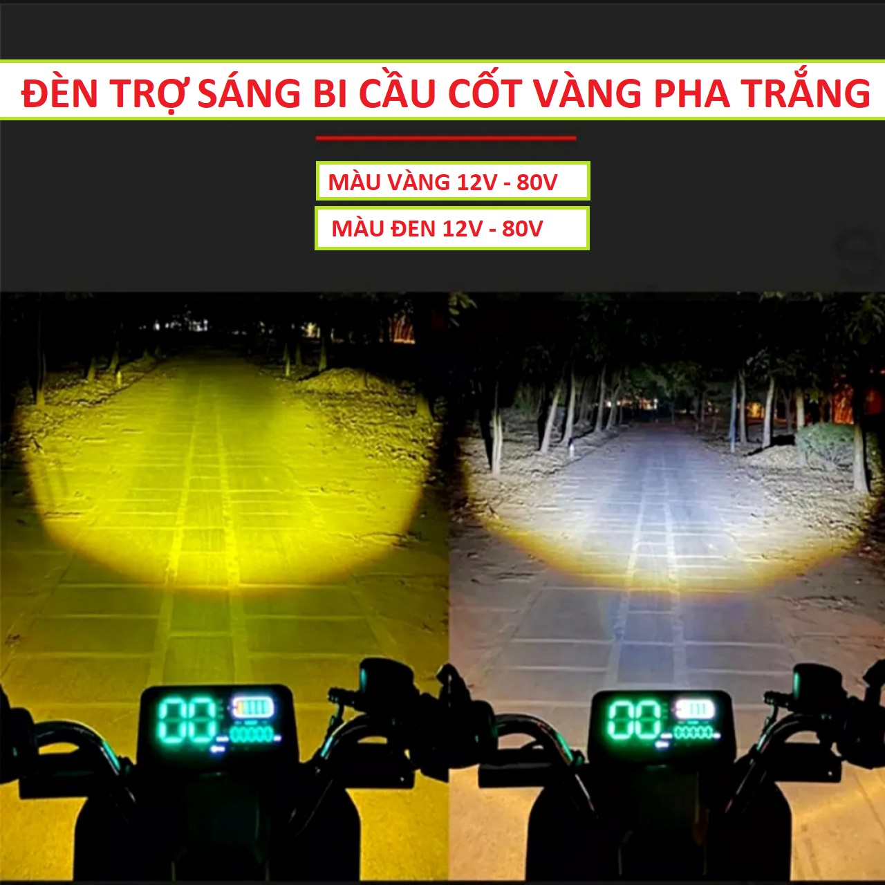 Đèn trợ sáng xe máy ô tô 45W, 12v-80v cốt vàng pha trắng 2 màu siêu gom mẫu mới chống nước