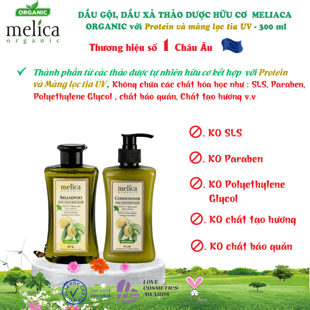 Bộ chăm sóc tóc thảo dược hữu cơ cho tóc nhuộm xơ rối Melica Organic dầu gội xả Olive &amp; màng lọc UV và serum dưỡng tóc