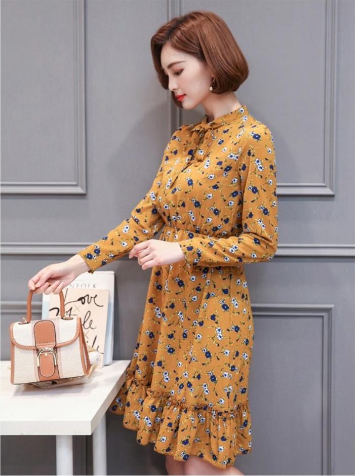 Đầm xòe họa thanh lịch thắt dây nơ BY1073A