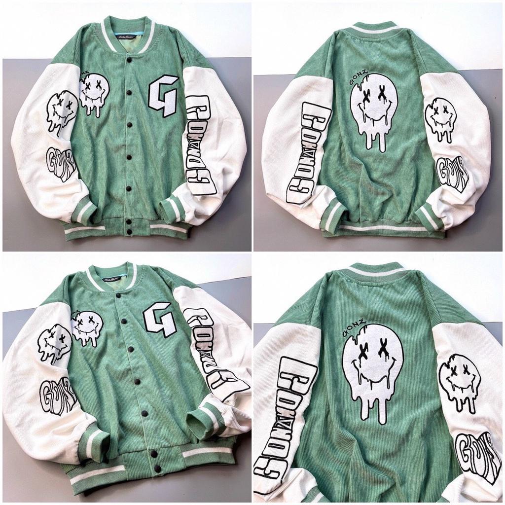 Áo Bomber Nhung Gân Thêu G 2 Lớp Jacket Varsity FF Mint V11