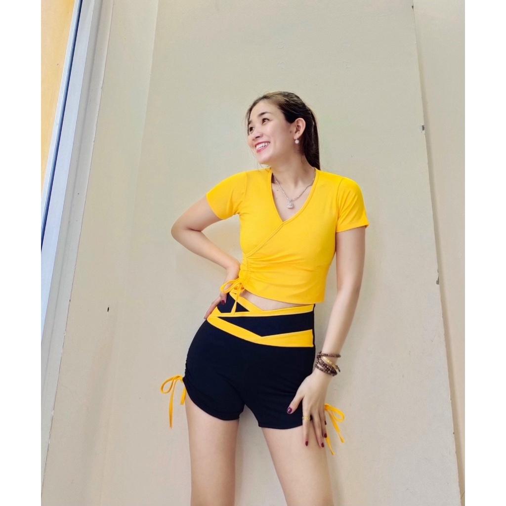 Bộ Đồ Tập Thể Thao Nữ Áo Croptop Rút Chéo Quần Đùi Short Nhiều Màu Thun Lạnh Cao Cấp