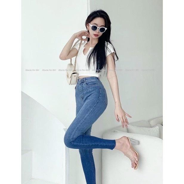 Quần Jeans Nữ Skinny Loang Cạp Cao Dáng Ôm Trơn - XANH
