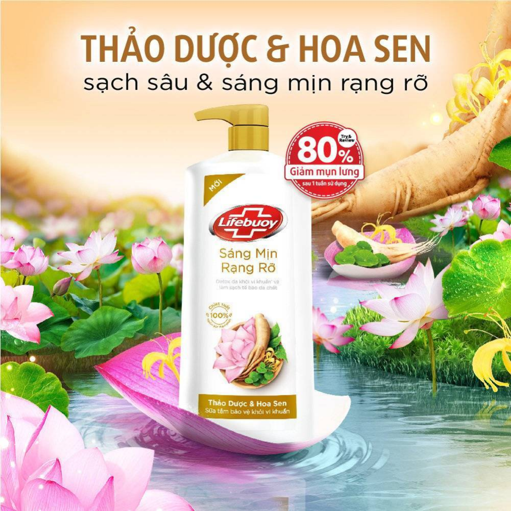 Sữa Tắm Lifebuoy 800gr Detox Và Sạch Sâu Khỏi Bụi Mịn Pm2.5 Detox 100% Từ Thiên Nhiên Diệt Khuẩn - Thảo Dược &amp; Hoa Sen
