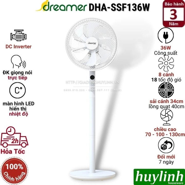 Quạt cây đứng thông minh Dreamer DHA-SSF136 [SSF136G - SSF136W] - Điều khiển giọng nói trực tiếp bàng Tiếng Anh - Hàng chính hãng