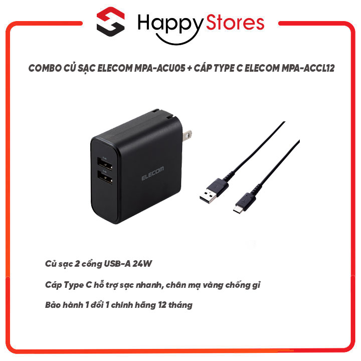 COMBO Củ sạc 2 cổng USB-A 24W ELECOM MPA-ACU05 + Cáp Sạc Type C ELECOM - Hàng Chính Hãng