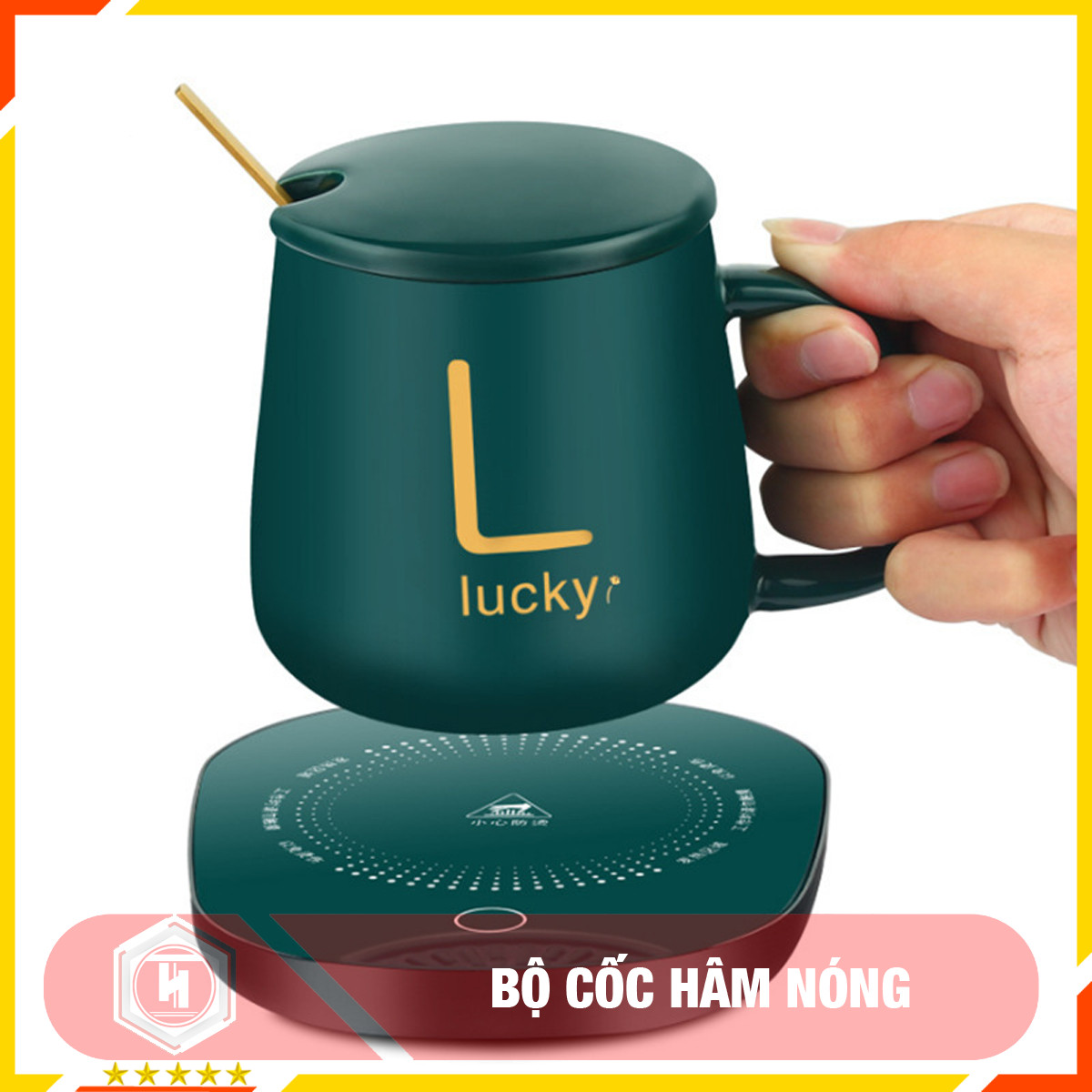 Bộ cốc hâm nóng đồ uống - HT SYS - Hâm nóng cafe, sữa, cháo... Chất liệu gốm sứ - Màu Xanh - Họa tiết chữ giao ngẫu nhiên