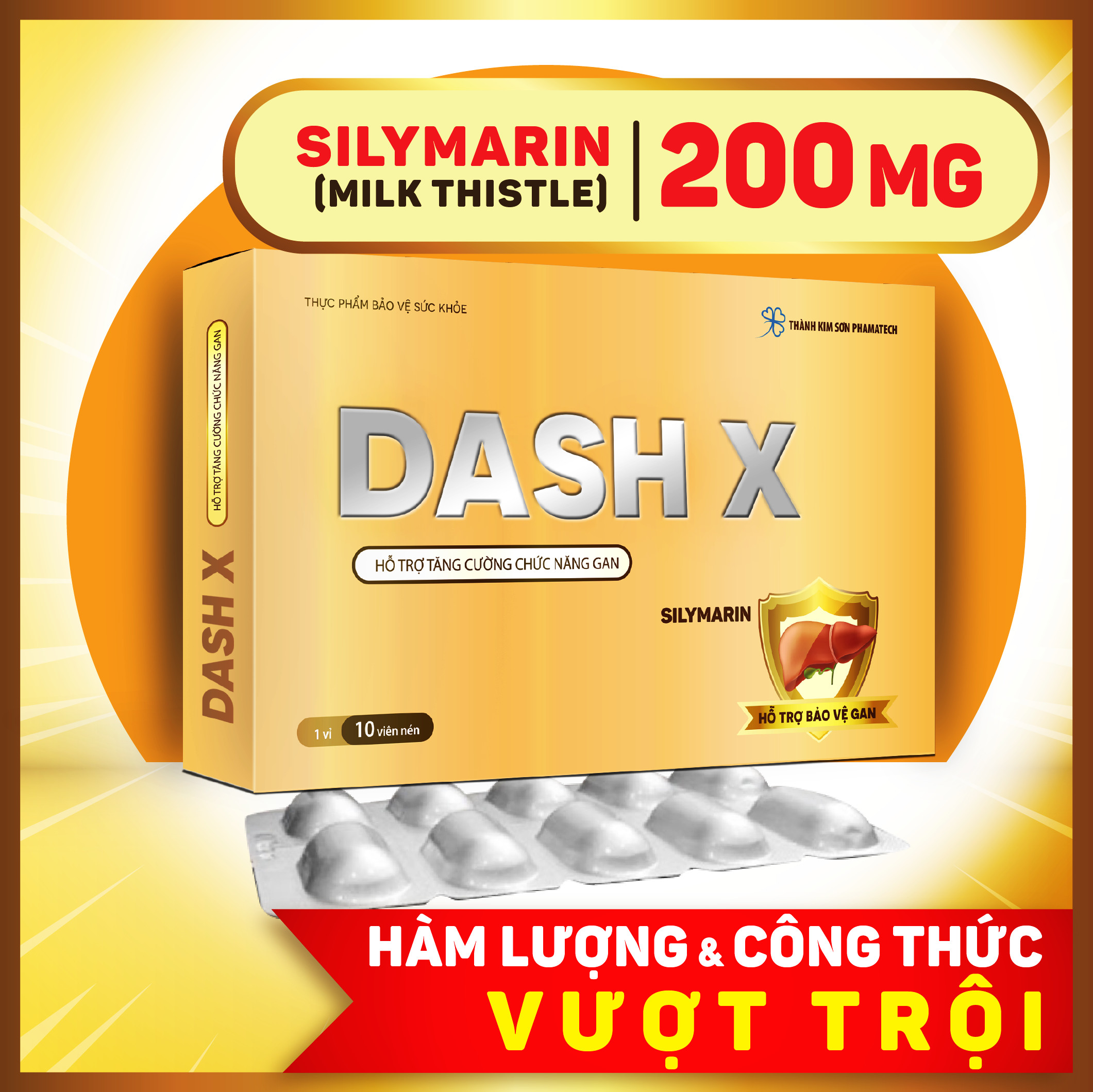 Thực phẩm chức năng - BỔ GAN; DASH X, SYLIMARIN 40% 200MG (500mg Milk Thistle extract); chỉ uống  1 VIÊN/NGÀY; Hỗ trợ : bổ gan, giải độc gan, phục hồi chức năng gan (10 Viên/Hộp)