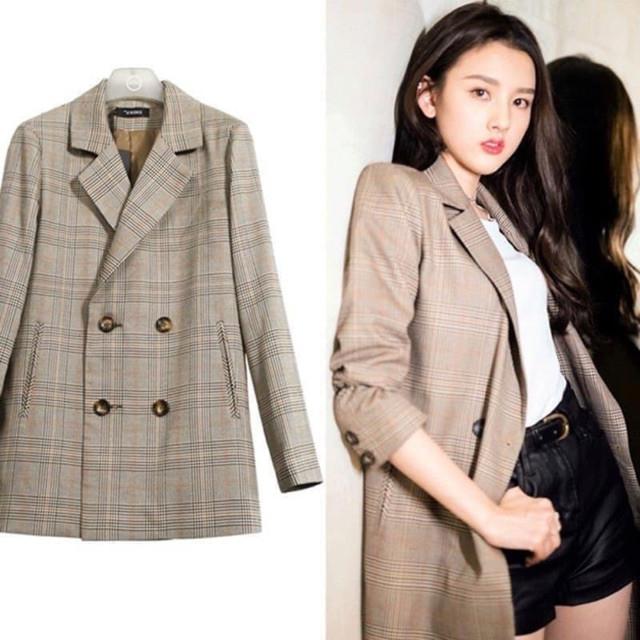 Áo Vest Nữ Dáng Dài, Kẻ Sọc Caro Kiểu Dáng Hàn Quốc, Hàng Quảng Châu
