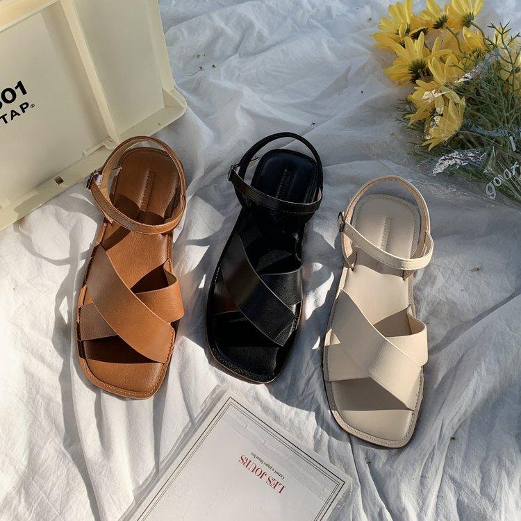 Fashion Square Open Toe One Line Buckle Flat Sandals for Women