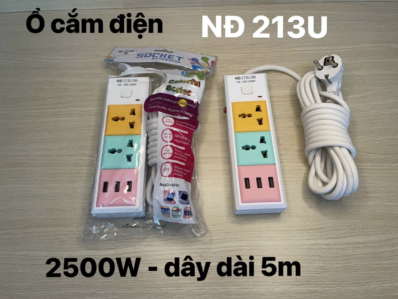 Ổ Cắm Điện Đa Năng Dây Dài 5m Mã NĐ 213, 214, 215, 633, 634