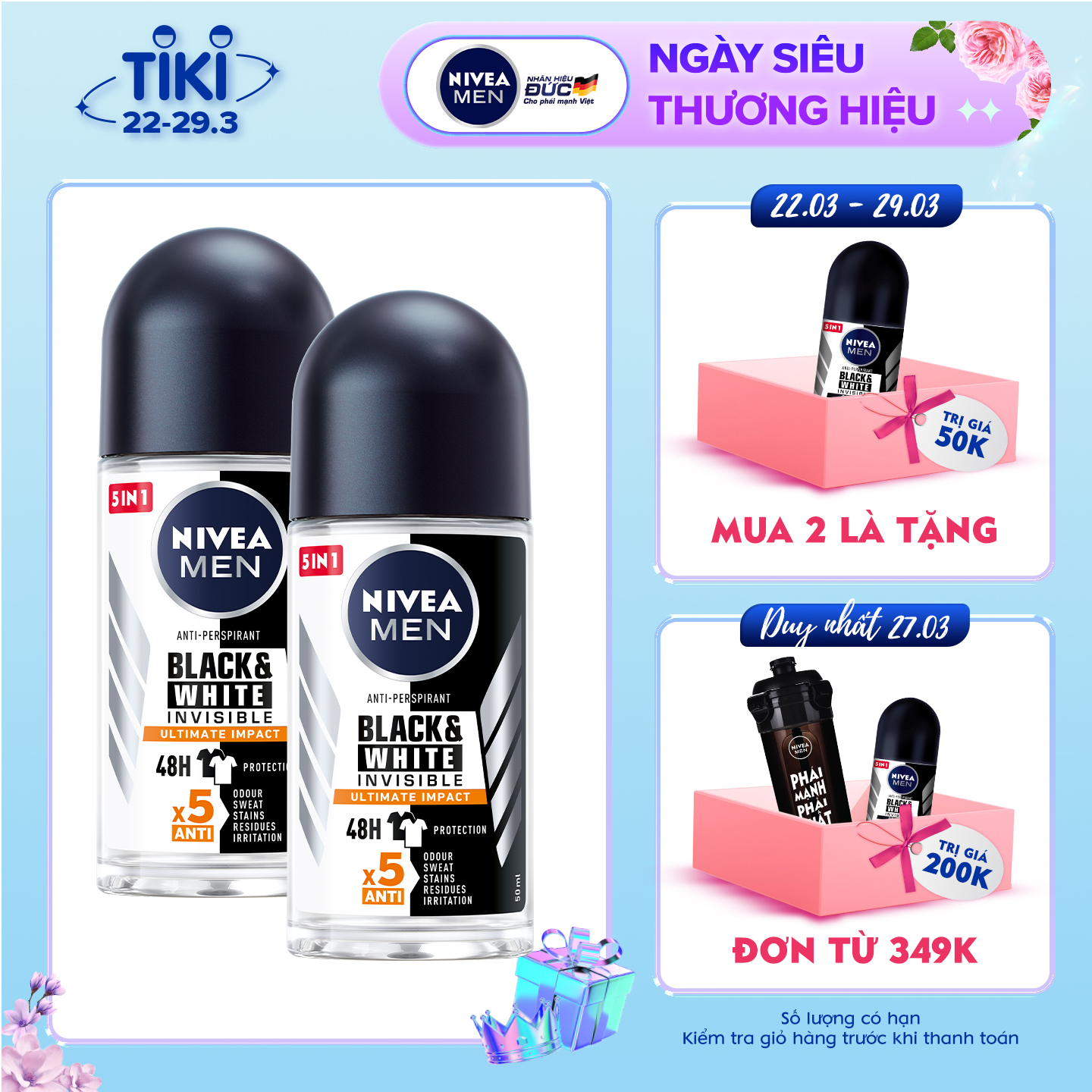 Combo 2 Lăn Ngăn Mùi NIVEA MEN Black &amp; White Ngăn Vệt Ố Vàng Vượt Trội 5in1 (50ml) - 85392