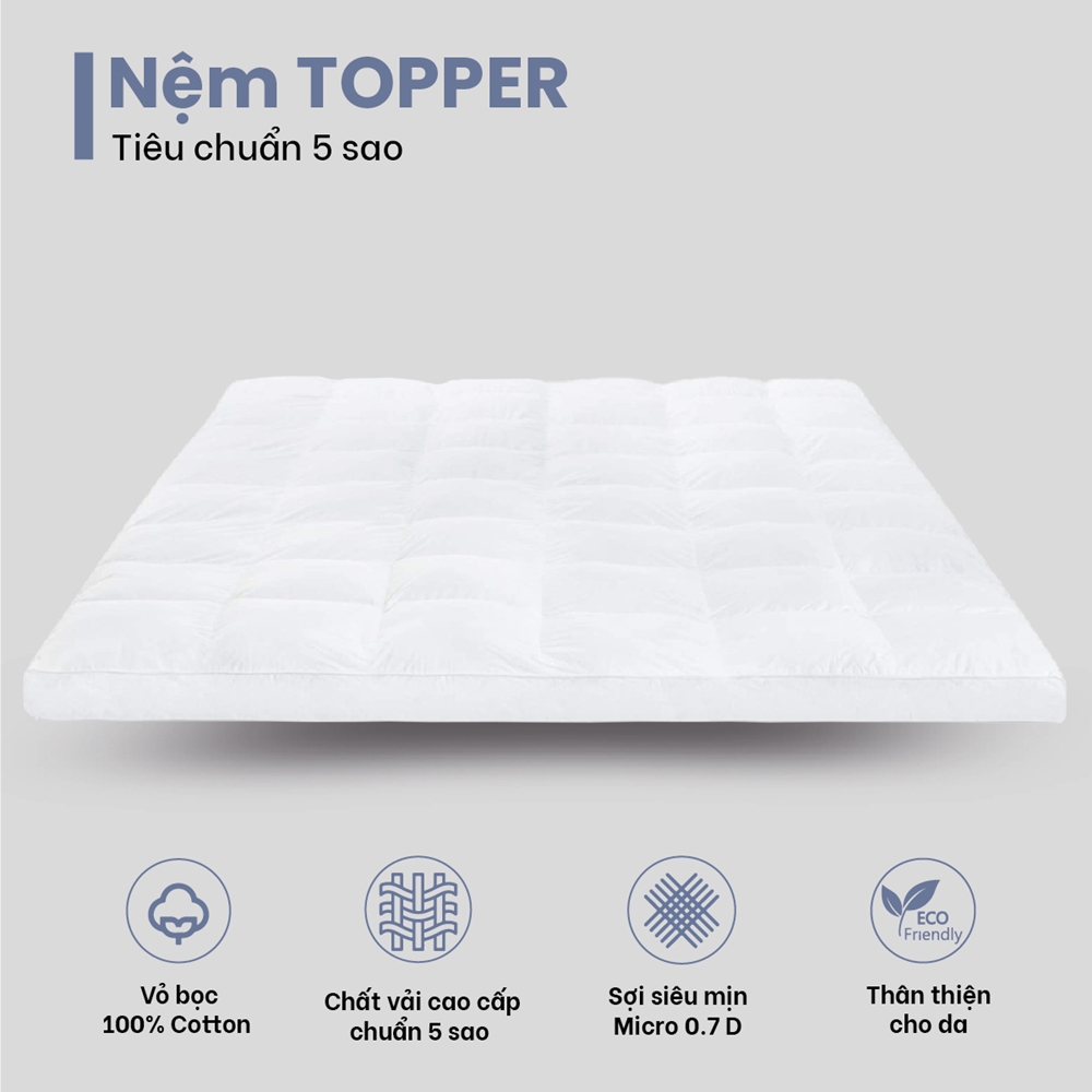 Topper nệm 1m4 x 2m - Nệm Topper khách sạn 5 sao cao cấp - Topper lông vũ nhân tạo siêu mềm mại