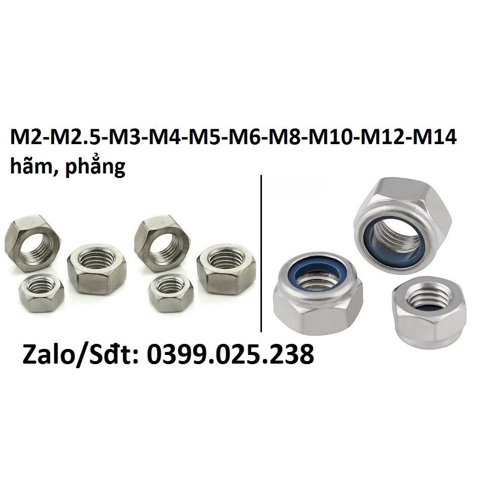 Bộ 10 Đai Ốc - Ê Cu M1.6 M2 M2,5 M3, M4, M5, M6, M8, M10 M12 M14 ecu hãm, khóa, phẳng