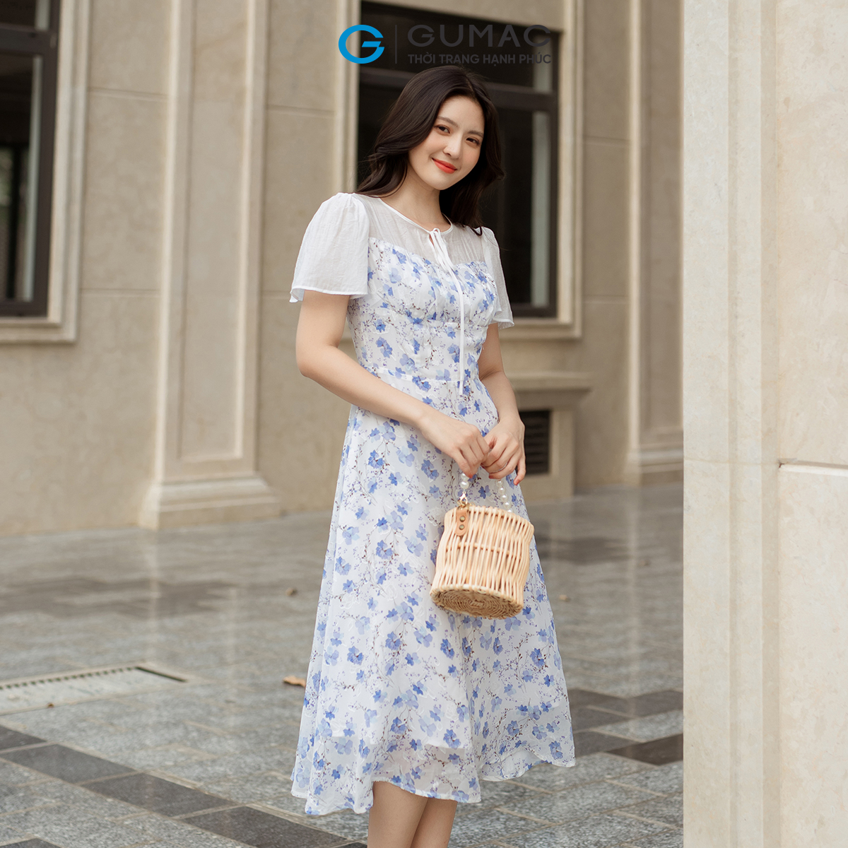 Đầm hoa phối vải tơ GUMAC DD05038