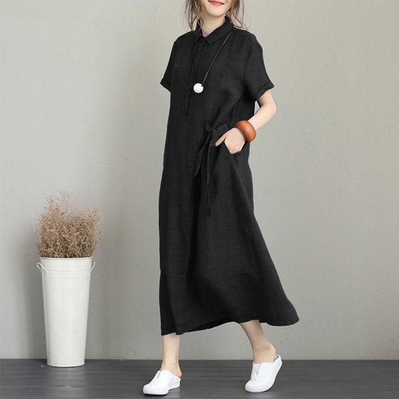 Hình ảnh Đầm suông nữ Đũi Việt dáng dài 2 túi sườn, đầm form rộng cổ sơ mi phong cách cá tính thời trang thương hiệu chính hãng DV61