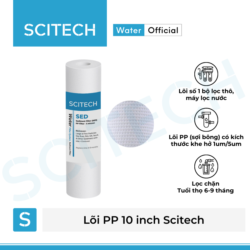 Lõi PP 10 inch 5 micron - Lõi số 1 máy lọc nước Nano/UF/RO, bộ lọc thô - Hàng chính hãng