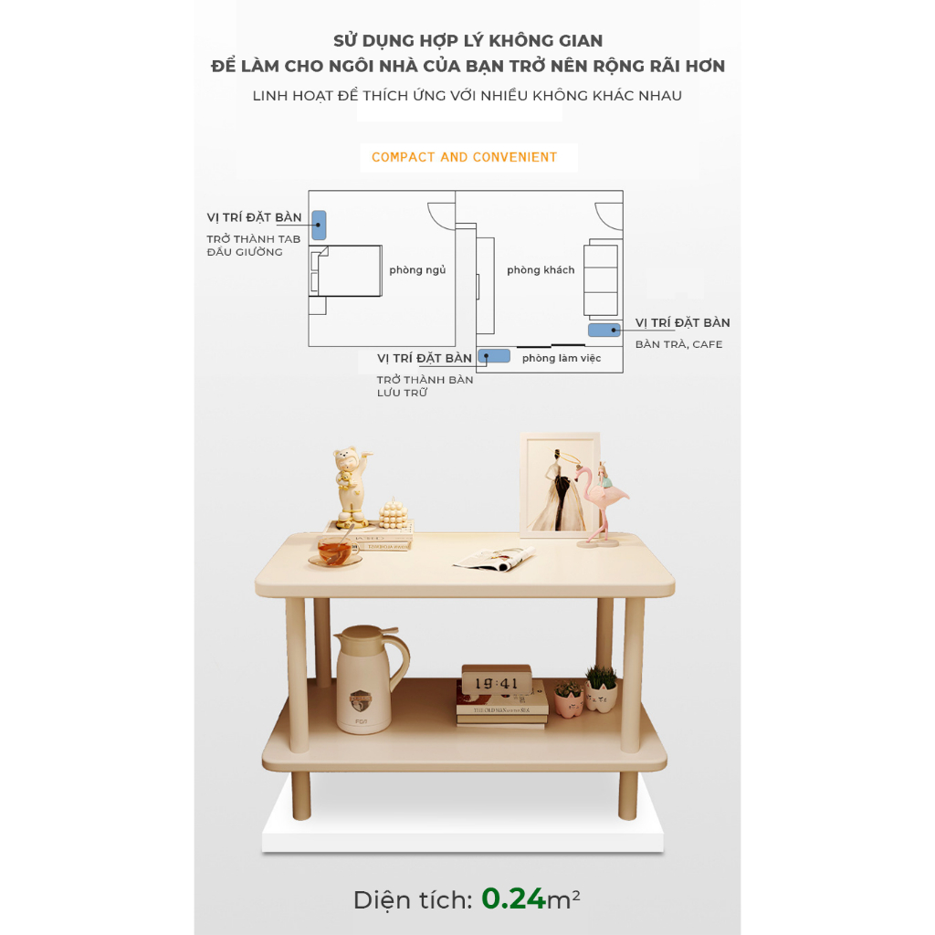 Bàn Trà 2 Tầng Mặt Bàn Phủ Melamin Chống Nước Chân Sắt Tĩnh Điện An Toàn AM143