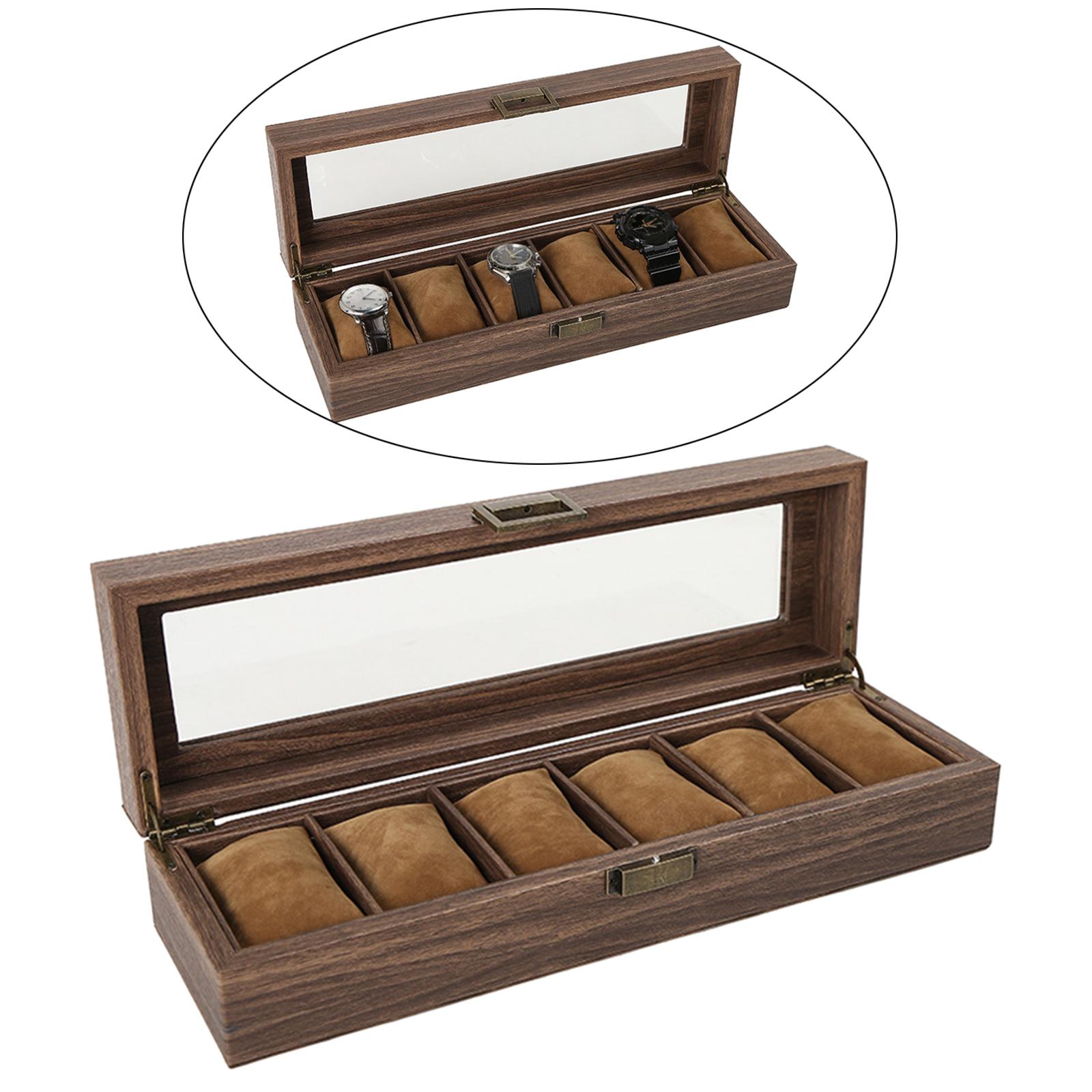 Luxury Wooden Watch Box Men Jewelry Rings Case Organizer Glass Top 6 Grid