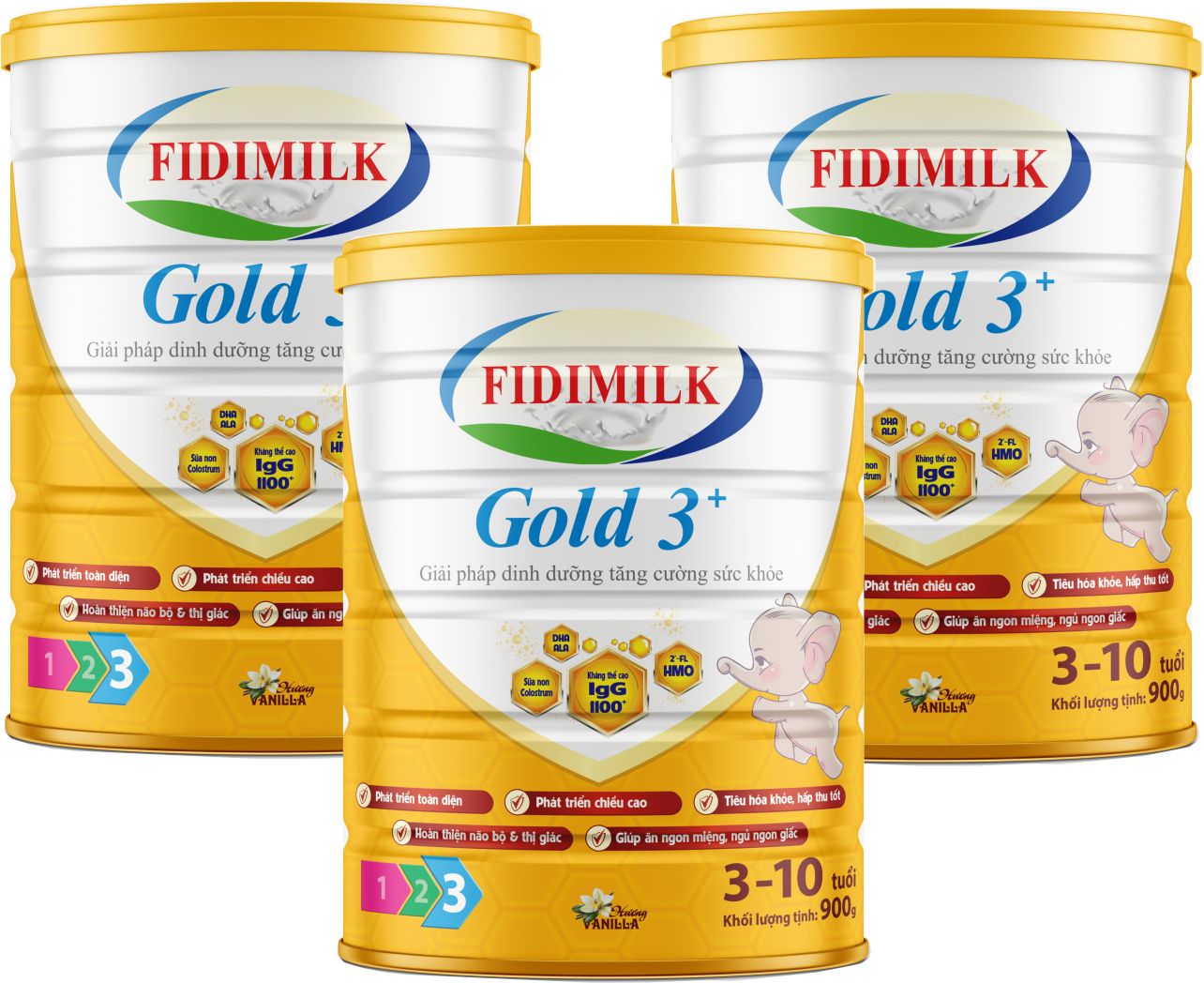 Combo 3 lon Sữa công thức FIDIMILK GOLD 3+ lon 900g - Dinh dưỡng phát triển toàn diện, Dành cho bé 3-10 tuổi.