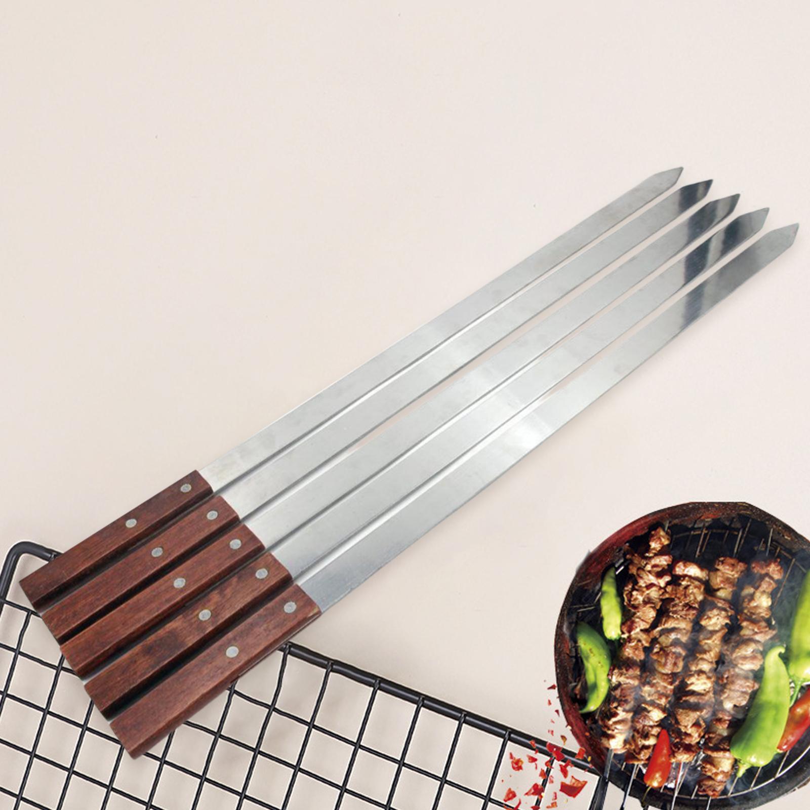 Set of 5 Stainless Steel Flat Skewers Fork,Wood Handle,23.6" Kebab Stick Kabob Skewer for Vegetables, Meats, Grilling, Chicken, Shrimp