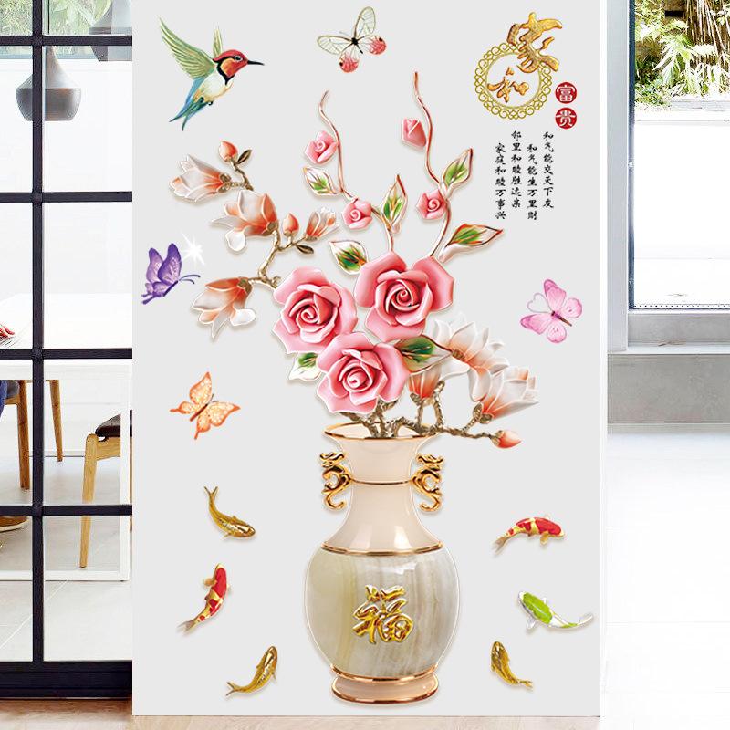 DECAL DÁN TƯỜNG BÌNH HOA SEN HỒNG CHIM ÉN CÁ CHÉP