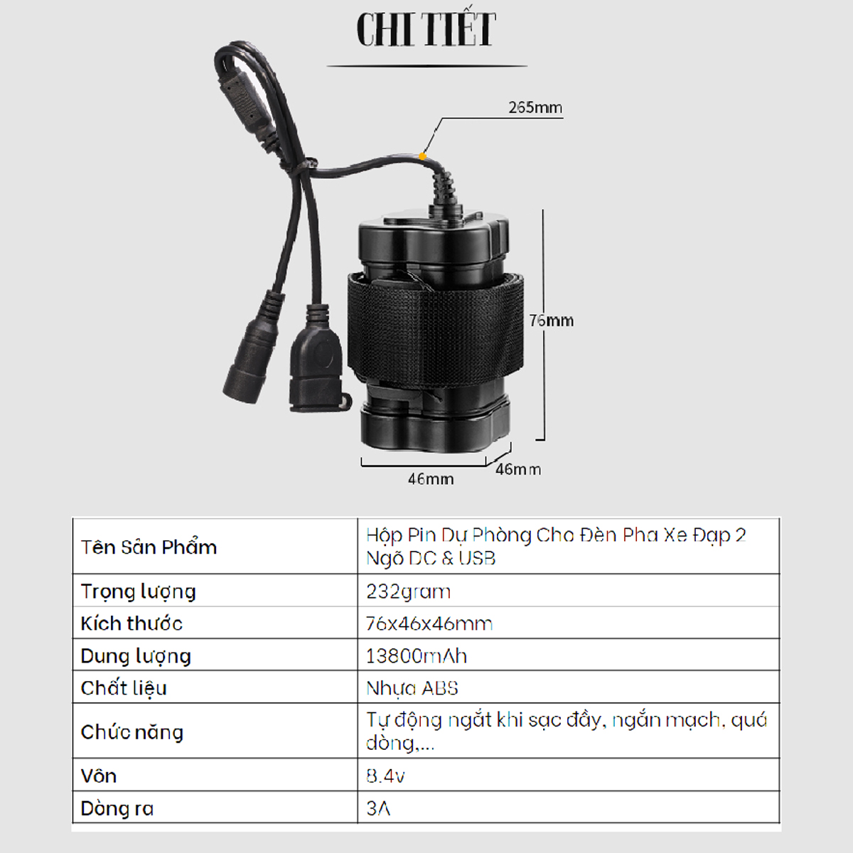 Bộ Pin Sạc Dự Phòng Cho Đèn Pha Xe Đạp 8.4V 13800mAh Pin Lithium 4x16850 Dung Lượng Lớn 2 Ngõ Ra USB/ DC Sạc qua Ngõ DC (Không kèm adapter sạc DC) Mai Lee