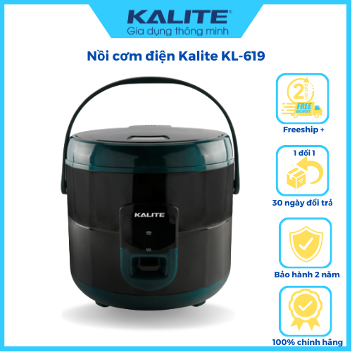 Nồi cơm điện Kalite KL 619, công suất 700W, dung tích 1.8L, quai xách, mâm nhiệt cong, có đai ủ trong 8h, lòng nồi hợp kim nhôm chống dính, hàng chính hãng