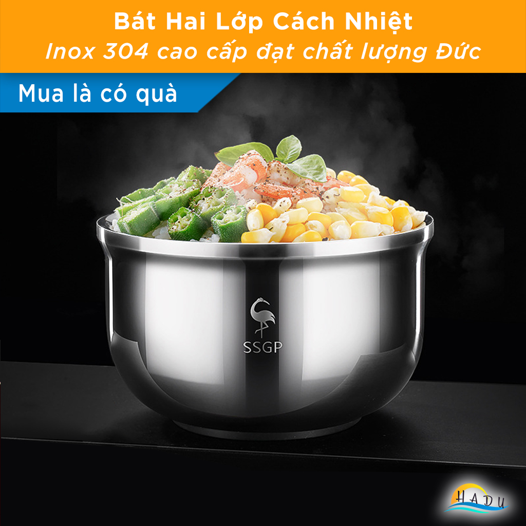 Bát Chén Ăn Cơm Inox 2 Lớp Cách Nhiệt Cao Cấp Cho Bé Kiểu Hàn Quốc Đạt Chất Lượng LFGB Đức SSGP