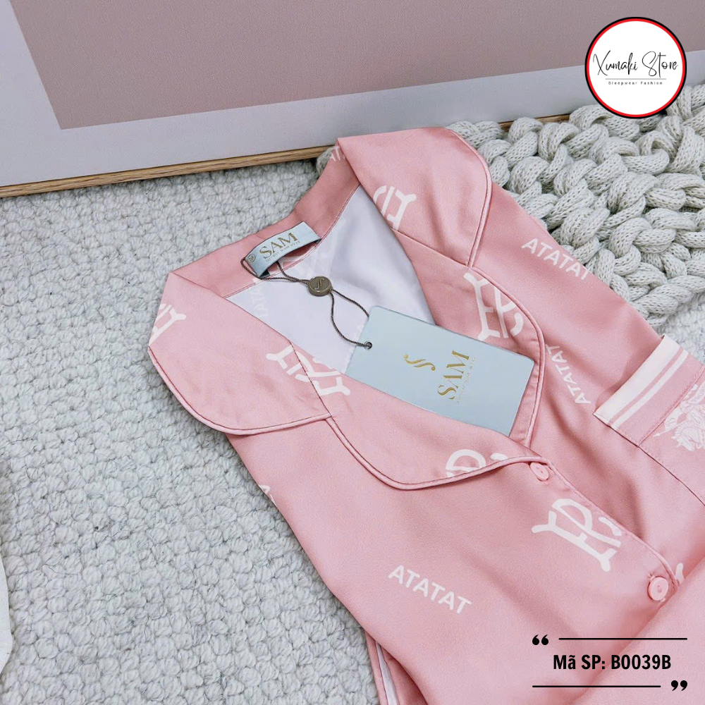 Bộ pijama nữ áo cộc quần ngố họa tiết chữ chất lụa cao cấp Xumaki Store BO039B