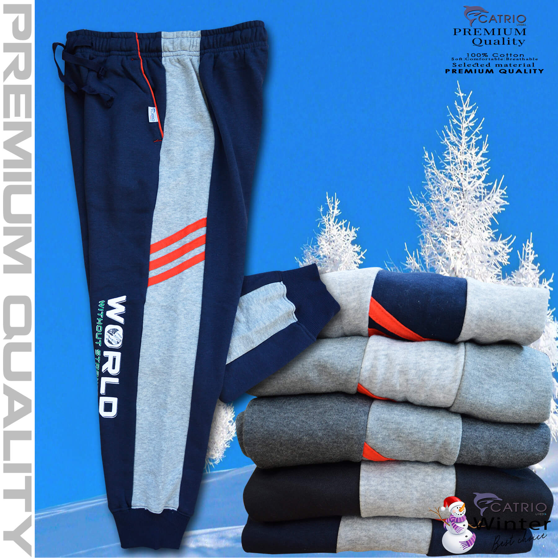 Quần dài bé trai vải 100% cotton PHỐI SƯỜN màu NAVY pha XÁM in WORLD là quần nỉ trẻ em CATRIO từ 9 tuổi  đến 18 tuổi  phù hợp thời tiết se lạnh mùa thu đông với kiểu dáng thể thao tuyệt đẹp