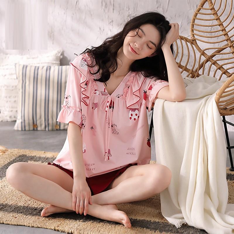 Bộ mặc nhà nữ thun cotton cổ viền bèo thắt nơ