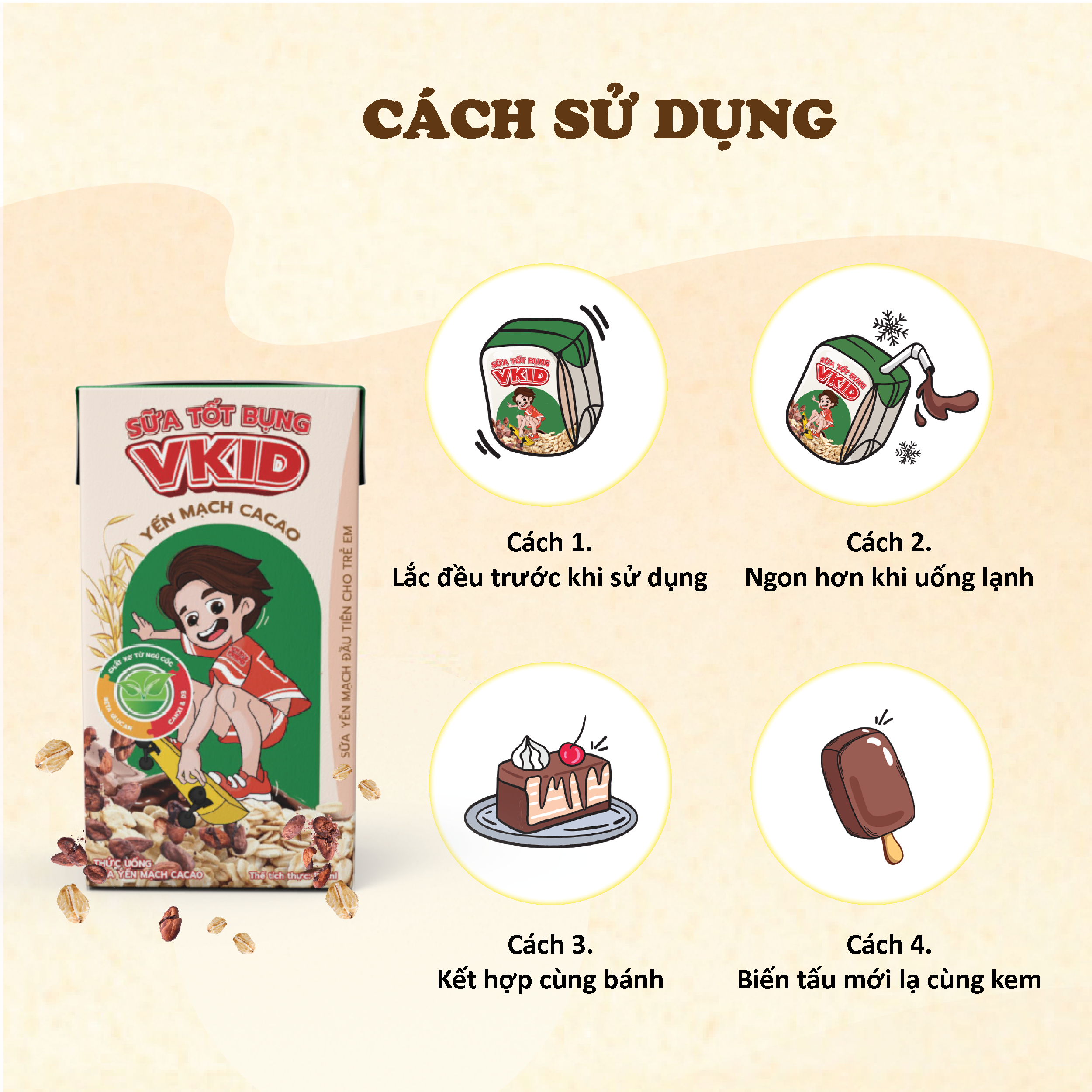 Lốc 4 Hộp Sữa Yến Mạch Vkid VIỆT NGŨ CỐC Cho Bé Thơm Ngon Hương Vị Cacao 110ml/Hộp